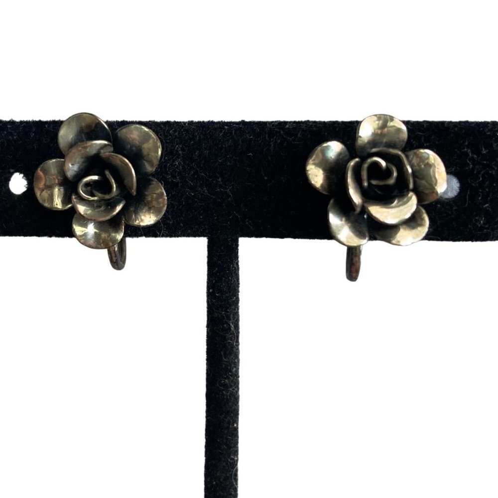 925 Sterling Silver Vintage Jewel Art Rose Screw Back Earrings Flower Signed